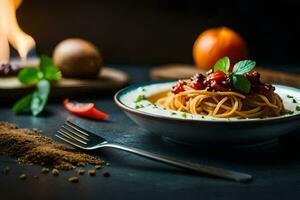 spaghetti con pomodoro salsa e spezie su un' piatto. ai-generato foto