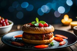 un' Hamburger con ciliegia pomodori e un' bicchiere di vino. ai-generato foto