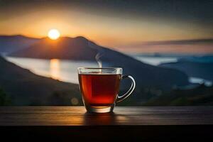 un' tazza di tè su un' di legno tavolo nel davanti di un' bellissimo tramonto. ai-generato foto