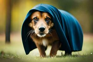 un' cane indossare un' incappucciato accappatoio su il erba. ai-generato foto