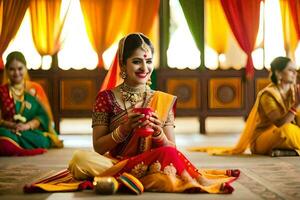 un' donna nel tradizionale indiano abbigliamento si siede su il pavimento con sua mani nel sua giro. ai-generato foto