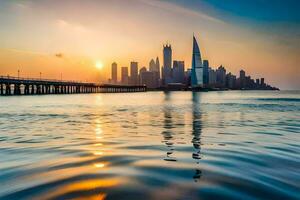 il città orizzonte è riflessa nel il acqua a tramonto. ai-generato foto