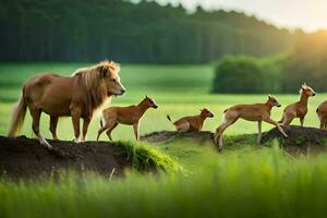 un' famiglia di cavalli nel il campo. ai-generato foto