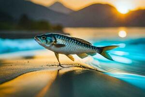 un' pesce è in piedi su il spiaggia a tramonto. ai-generato foto