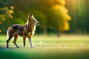 un' cane è in piedi nel il erba su un' soleggiato giorno. ai-generato foto