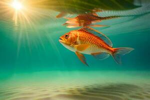 un' pesce nuoto nel il oceano con il sole splendente. ai-generato foto