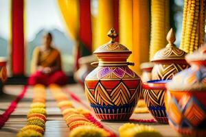 colorato vasi e un' buddista monaco. ai-generato foto