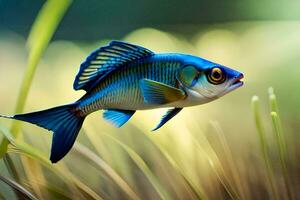 un' blu pesce è volante al di sopra di erba. ai-generato foto