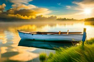 un' barca su il lago a tramonto. ai-generato foto