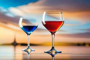 Due vino bicchieri con rosso e blu liquido nel loro. ai-generato foto