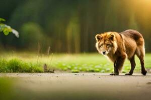 un' Leone a piedi su un' sporco strada nel il mezzo di un' campo. ai-generato foto