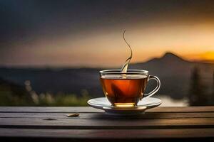 un' tazza di tè su un' di legno tavolo. ai-generato foto