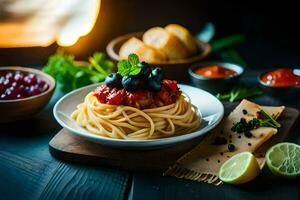 spaghetti con pomodoro salsa e mirtilli su un' di legno tavolo. ai-generato foto