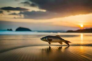 un' pesce è a piedi su il spiaggia a tramonto. ai-generato foto