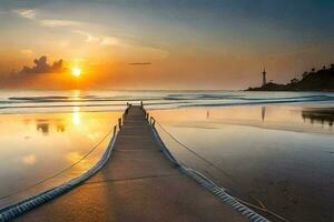 un' lungo passerella conduce per il spiaggia a tramonto. ai-generato foto