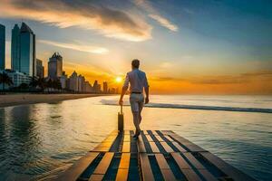 un' uomo a piedi su un' molo a tramonto nel dubai. ai-generato foto