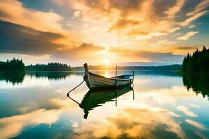 un' barca su il lago a tramonto. ai-generato foto