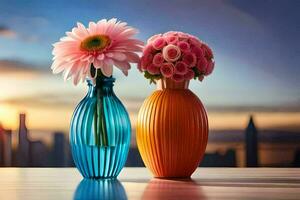 Due vasi con fiori su un' tavolo nel davanti di un' città. ai-generato foto
