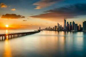 il sole imposta al di sopra di il città orizzonte nel dubai. ai-generato foto