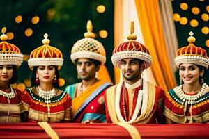 indiano nozze festa con sposa e sposo. ai-generato foto