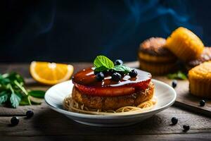 un' piatto con un' torta e mirtilli su esso. ai-generato foto