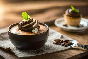 cioccolato dolce nel un' tazza su un' di legno tavolo. ai-generato foto