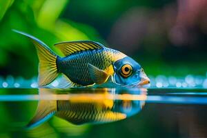 un' pesce con un' giallo e nero corpo è galleggiante nel acqua. ai-generato foto