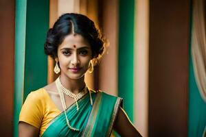 un' bellissimo donna nel un' verde sari. ai-generato foto