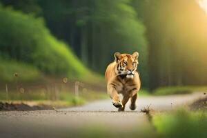 un' tigre in esecuzione su un' strada nel il foresta. ai-generato foto