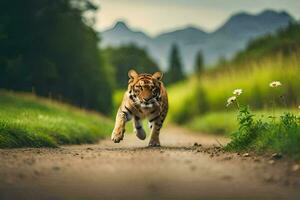un' tigre in esecuzione giù un' sporco strada nel il mezzo di un' campo. ai-generato foto