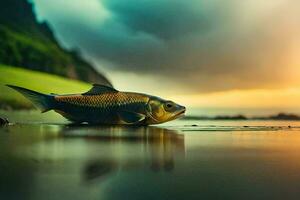 un' pesce è seduta su il spiaggia a tramonto. ai-generato foto