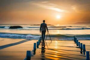 un' uomo nel un' completo da uomo sta su un' molo a tramonto. ai-generato foto