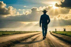 un' uomo nel un' cowboy cappello a piedi giù un' sporco strada. ai-generato foto