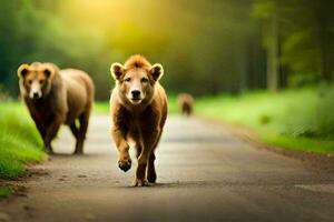 Due Marrone orsi a piedi giù un' strada. ai-generato foto