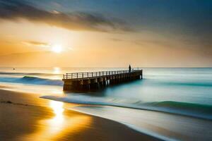 un' molo a tramonto su il spiaggia. ai-generato foto