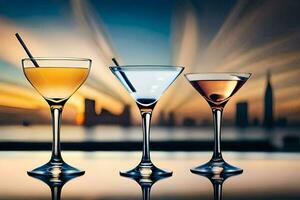 tre bicchieri di cocktail su un' tavolo con un' città orizzonte nel il sfondo. ai-generato foto