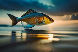 un' pesce è nuoto nel il oceano a tramonto. ai-generato foto