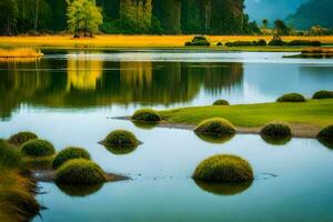 un' lago circondato di erba e alberi. ai-generato foto
