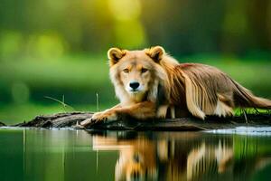 un' Leone seduta su un' log nel il acqua. ai-generato foto