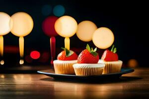 Due cupcakes con fragole su un' nero piatto. ai-generato foto