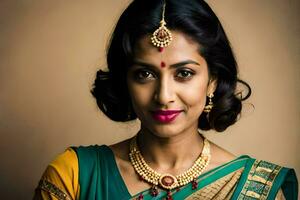 un' bellissimo indiano donna indossare un' sari. ai-generato foto