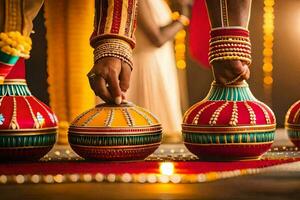 indiano nozze cerimonia con un' sposa e sposo. ai-generato foto