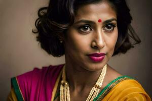 un' donna nel un' sari con un' oro collana. ai-generato foto