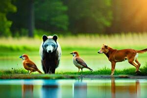 un' orso, Due uccelli e un' cane siamo in piedi vicino un' stagno. ai-generato foto