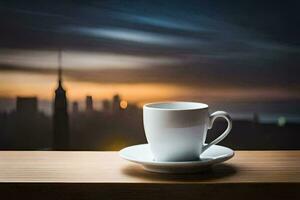 caffè tazza su il tavolo con città nel il sfondo. ai-generato foto