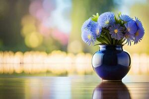 blu fiori nel un' vaso su un' tavolo. ai-generato foto