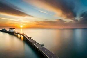 un' lungo esposizione fotografia di un' molo a tramonto. ai-generato foto