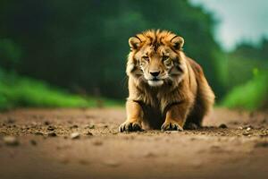 un' Leone a piedi su un' sporco strada. ai-generato foto