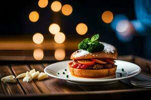 un' piatto con un' hamburger e alcuni verdure su esso. ai-generato foto