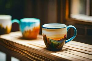 tre caffè tazze con montagna scene su loro. ai-generato foto